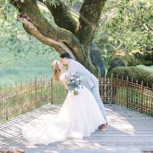 Lighter and airy wedding photo of a couple kissing in front of an ancient oak tree at Mountain House Estate in Cloverdale, CA