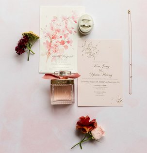 Perfectly pink vintage style photo of gorgeous wedding invitations by Minted. I will forever love the blush and burgundy combo! Photo credit: Come Plum Photography