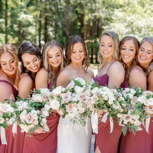 dark dusty rose bridesmaids dresses are the perfect accent with the blush and white bouquets. Wedding in Sonoma County, CA